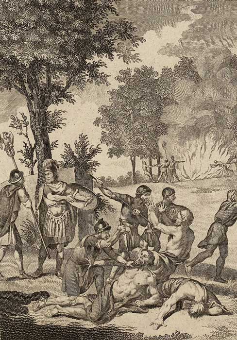 Roman soldiers murdering Druids and burning their groves on Anglesey, as described by Tacitus.