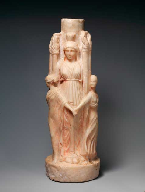 1st to 2nd century AD Roman marble statuette of triple-bodied Hekate and the three graces. Shrines to Hecate were included at doorways or within home shrines. They were sometimes known as Hekataion. (Public domain)