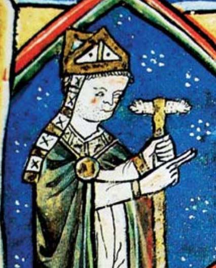 Romanesque Medieval Miniature of Didacus Gelmirici (Diego Gelmirez), from the illuminated manuscript of the Tumbo de Toxosoutos (Galicia), 13th century.