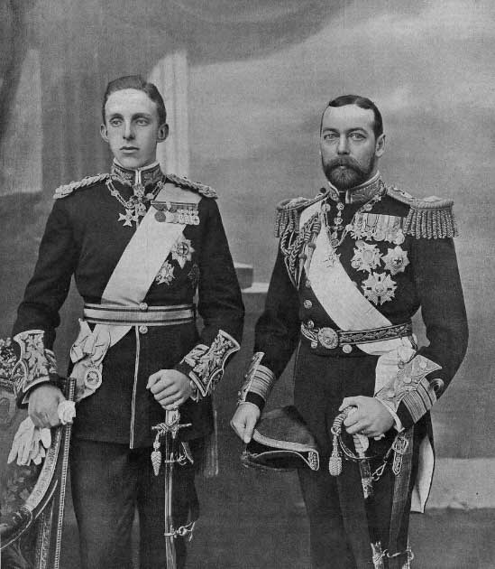 Royalty became highly decorated with emblems from all the chivalric orders. 1905 photo of Alfonso XIII of Spain (left) with his cousin-in-law, the future King George V (right) during his State Visit to the United Kingdom. Alfonso is wearing the uniform of a general of the British Army, the Royal Victorian Chain, the sash and star of the Garter, the cross of the Order of Charles III, the neck badge of the Golden Fleece, and the badge of the four Spanish military orders. George, then Prince of Wales, is wearing the neck badge of the Golden Fleece, the sash and grand cross grade of the Order of Charles III, the Royal Victorian Chain, and the stars of the Garter and the Order of St Michael and St George. (Public Domain)