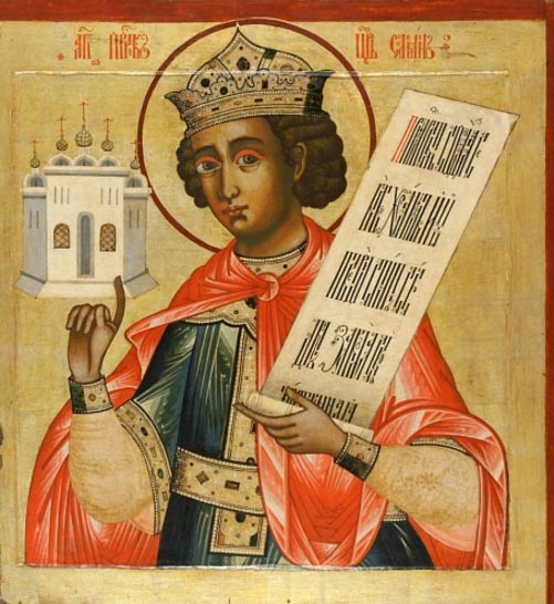 Russian icon of King Solomon. He is depicted holding a model of the Temple (18th century, iconostasis of Kizhi monastery, Russia). 