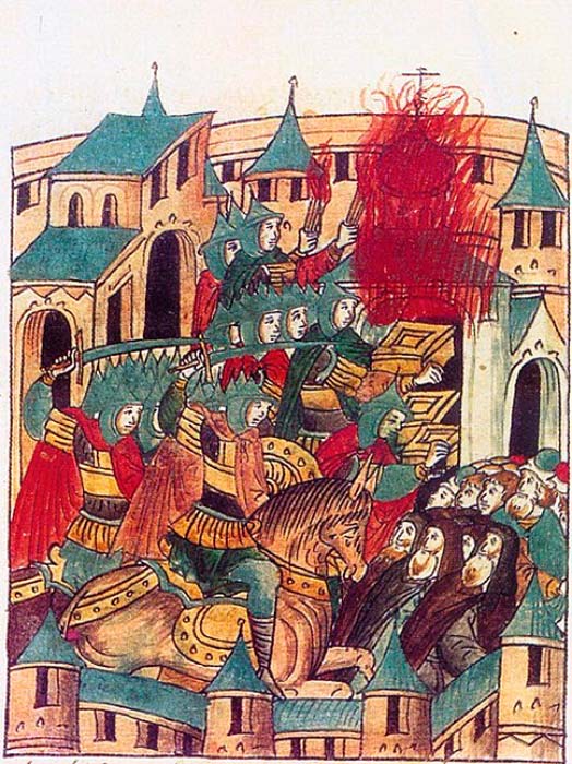 Sacking of Suzdal by Batu Khan in February, 1238. Mongol Invasion of Russia. A miniature from the sixteenth century chronicle. (Public Domain)