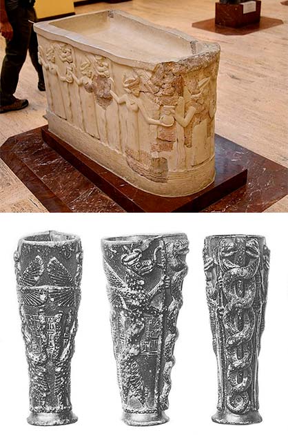 Top: Sacred basin, a gift from Gudea, ruler of Lagash, to the temple of Ningirsu. The basin was inside the temple and might well have contained scared water for ritual purposes. 2144-2122 BC. Ancient Orient Museum, Istanbul. (Osama Shukir Muhammed Amin FRCP (Glasg)/CC BY-SA 4.0), Bottom: The Libation vase of Gudea dedicated to god Ningishzida. Inscription reads. "To the god Ningiszida, his god, Gudea, Ensi (governor) of Lagash, for the prolongation of his life, has dedicated this" (Public Domain)