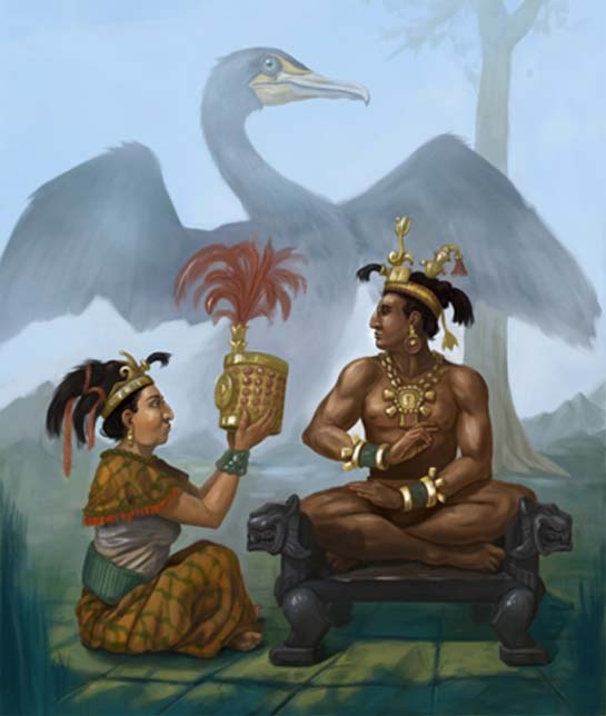 Sak K'uk offering symbol of rulership to her son K'inich Janaab Pakal, father of K'inich Kan Bahlam II. Lady Cormorant in her bird spirit form guides them. Artist drawing for author's book cover.