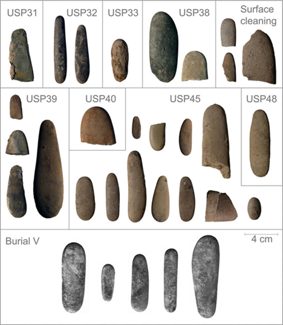 Sample of the oblong pebbles found in the 2009-11 excavation, compared to 5 pebbles found in the 1940s in association with burial V. (modified from Gravel-Miguel et al. 2017)