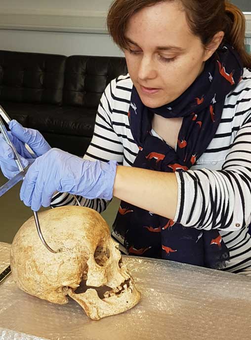 Dr. Sarah Inskip examines the skull of Context 958. 