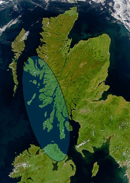 Satellite image of Scotland and Northern Ireland showing the approximate greatest extent of the kingdom Dál Riata (shaded) to which Oswald and his family fled after his father was usurped by Edwin. (NASA / Public domain)