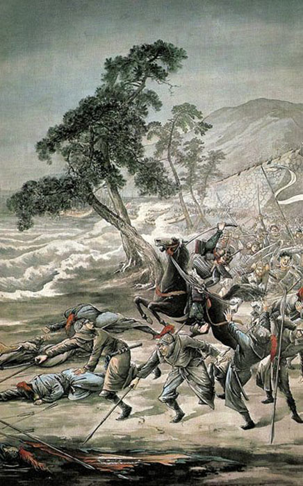 La segunda invasión mongola de Japón. Los mongoles que sobrevivieron al tifón fueron masacrados por guerreros samuráis japoneses a la orilla del agua. (Yado Isho)