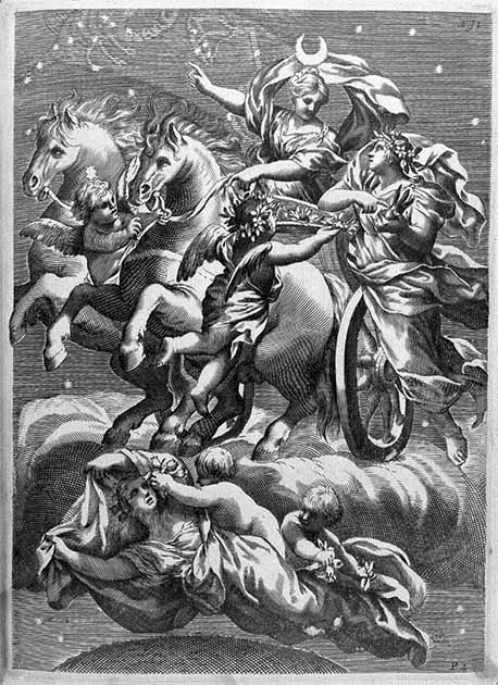 Изображение Селены, греческой богини луны, в летающей колеснице, запряженной двумя белыми лошадьми. Греческие боги солнца и луны Селена и Гелиос параллельны скандинавским богам солнца и луны, Солу и Мани. (Коллекция Wellcome / общественное достояние)