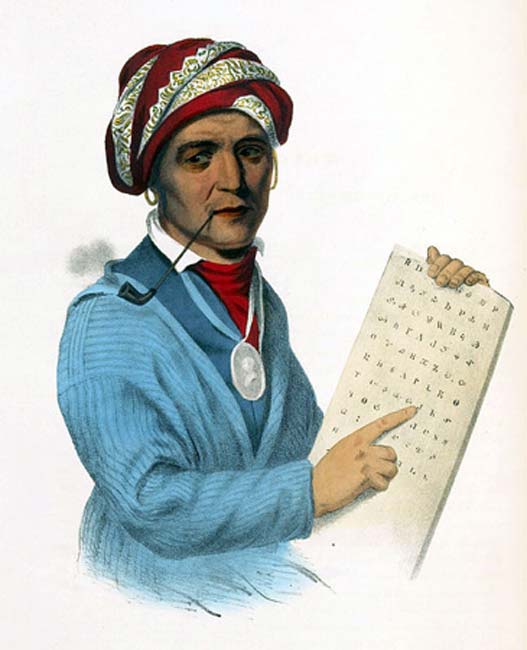 Sequoia with a tablet depicting his writing system for the Cherokee language. 19th-century print of a painting. (Public Domain)