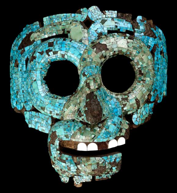 Serpent mask of Tlaloc, in the form of two intertwined and looped serpents in turquoise mosaic. (Trustees of the British Museum / CC BY-NC-SA 4.0)