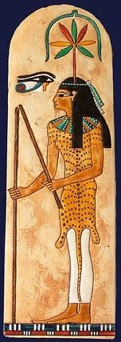 Seshat, the ancient Egyptian goddess of record-keeping and measurement with a colorful cannabis leaf over her head.