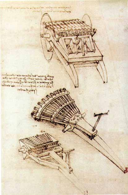 Several of da Vinci’s weapons were variations of cannons, like these ‘organ guns’ (Public Domain)