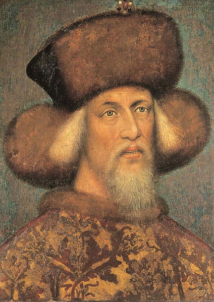 Sigismund, aged approximately 50, in a painting traditionally attributed to Pisanello.