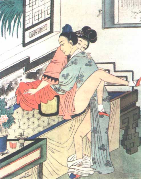 The Silk Road offered many opportunities for sexual adventure, including explorations of Tantric sex. A Chinese print depicting "The Joining of the Essences", based on Tang Dynasty art (Public Domain)