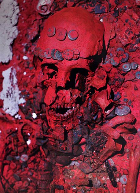 Skeleton of the Red Queen of Palenque. (ontheroadin.com) Her remains are covered in cinnabar.