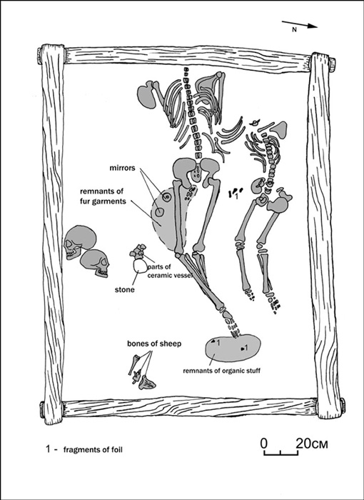 Skulls of ancient adult and child pair placed near kneecaps of grown-up, in bizarre burial puzzling archeologists.