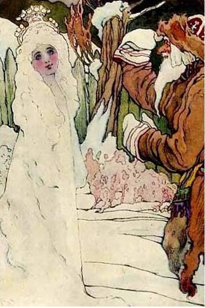One day Snegurochka was walking through the forest, when Father Frost appeared before her… Postcard of Snegurochka circa 1917 by Matorin Nikolay Vasilyevich.