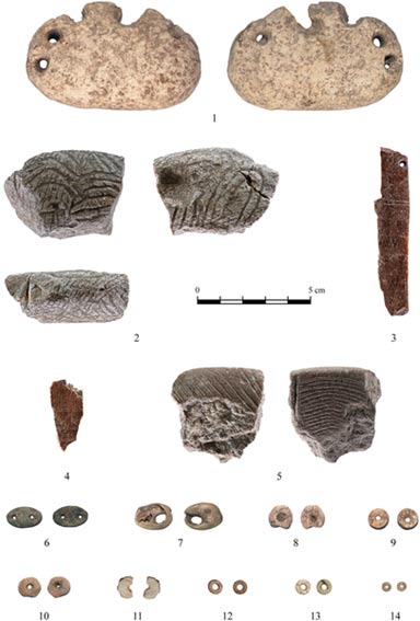 Some of the artifacts uncovered at the NEG II site: 1: Perforated Piece; 2–5: Decorated objects; 6: Green Stone Spacers; 7: Shell Bead; 8–10: Disc Beads; 10, 12–14