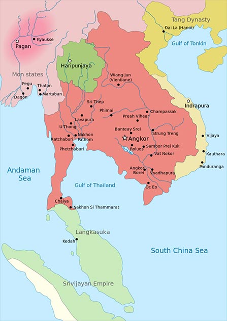 Map of Southeast Asia in 900, Khmer Empire in red, before the Sukhothai Kingdom. (Jembezmamy / Public Domain)