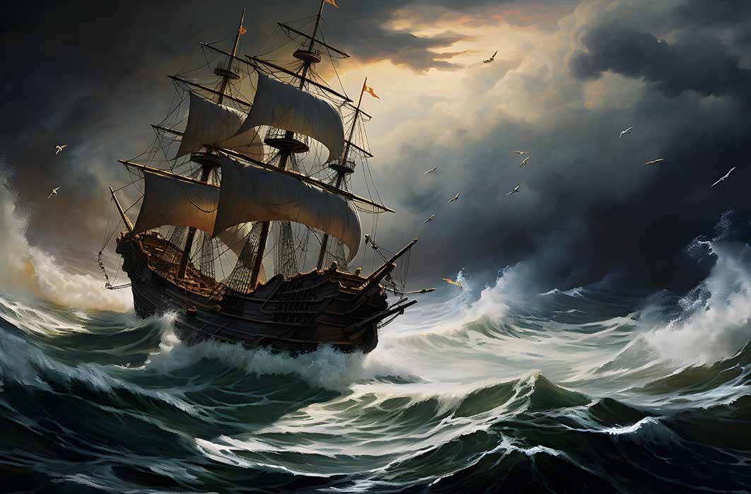 AI generated image of a ship in a storm (Stream Skins / Adobe Stock)