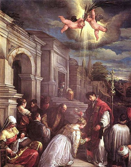 St. Valentine baptizing St. Lucilla. Jacopo Bassano (Jacopo da Ponte) (Public Domain)
