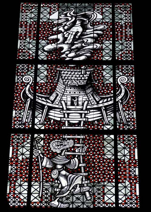 Stained-glass imagery of Noah’s Ark.