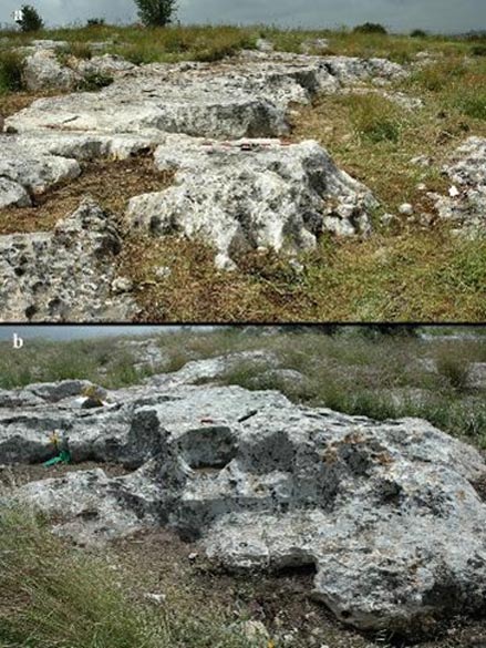 Step-like morphology of the quarrying front on the rocks 