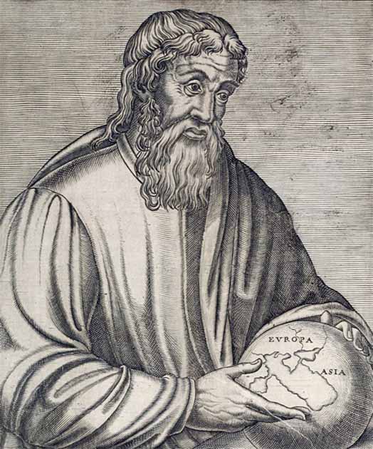Strabo, visto aquí en un grabado del siglo XVI, se refiere a un santuario de Poseidón en su obra enciclopédica Geographica. (Dominio publico)