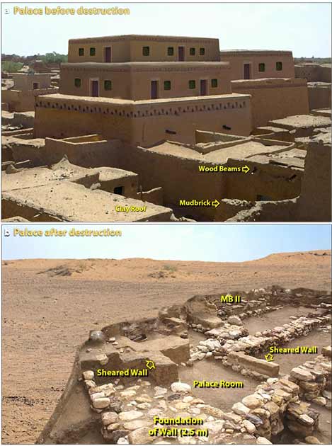 Tall el-Hammam before and after the cosmic impact of the asteroid blast showing clear evidence of high temperature damage. (Scientific Reports)