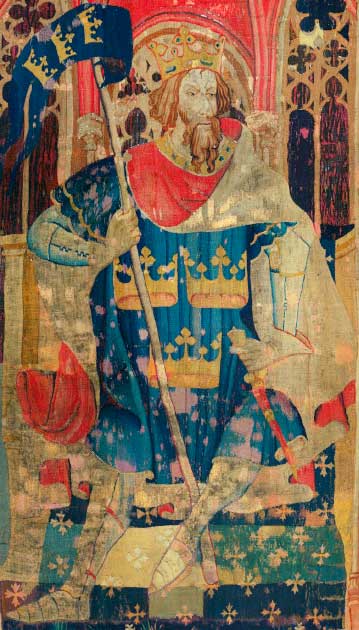 Tapestry showing King Arthur, who is sometimes considered the same as Cerdic of Wessex, as one of the Nine Worthy, bearing a coat of arms often attributed to him from around AD 1385.  (Public domain)