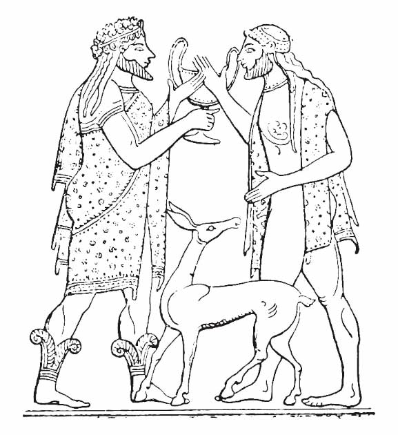 Tarchon and Tyrrhenus, mythical founders of the Etruscan civilization. Etruscan characters from a vintage engraving. (Morphart)