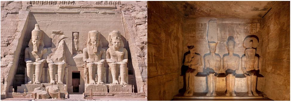 The Temple of Ramesses II at Abu Simple. LEFT: exterior, RIGHT: the sun illuminates stone statues in a chamber 56m inside the temple.