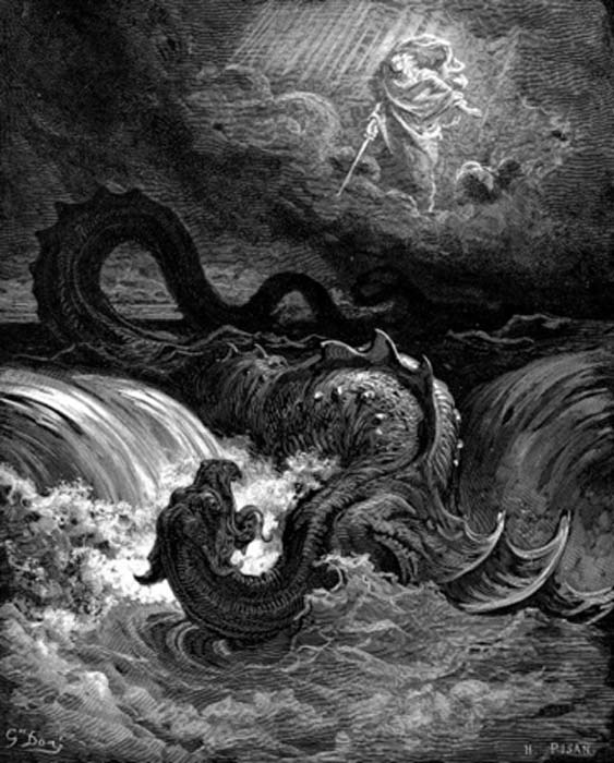 The Destruction of the Biblical Leviathan. This engraving by Gustave Doré, 1865, holds the conceptual archetypes of the AD 565 incident at Loch Ness. CC ASA 3.0