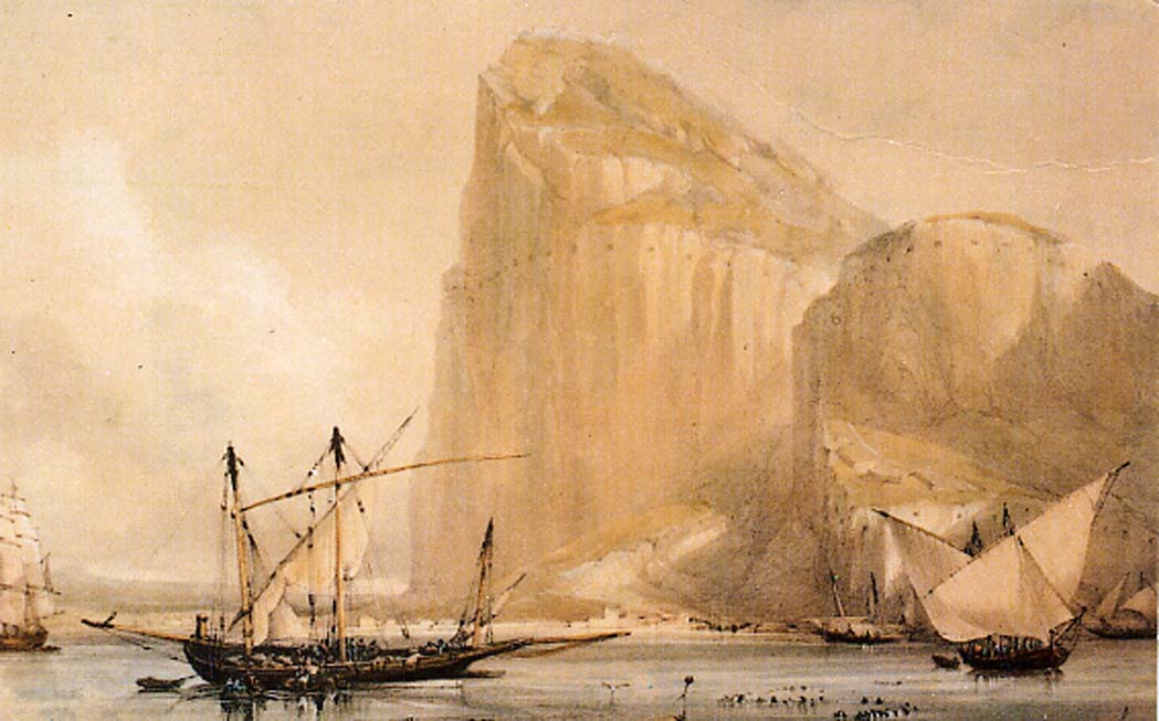 The Rock of Gibraltar's North Front cliff face from Bayside (c.1810) showing the embrasures in the Rock. (Public Domain)