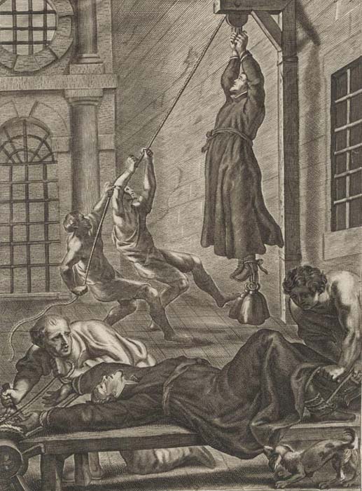 The consequences if a priest were captured. Engraving by Gaspar Bouttats.
