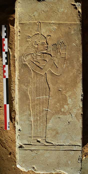 The funerary chapel surround, depicting the goddess Maat dated from the 2nd century AD (Meroe kingdom). Image:© Vincent Francigny / Sedeinga archaeological mission/ CNRS