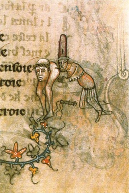 The manuscript illustration (c. 1350) alludes to the accusation of 