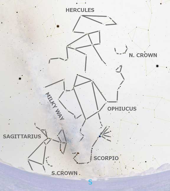 The night sky constellations Hercules, Ophiucus, Corona Borealis and Scorpio. (Author provided).