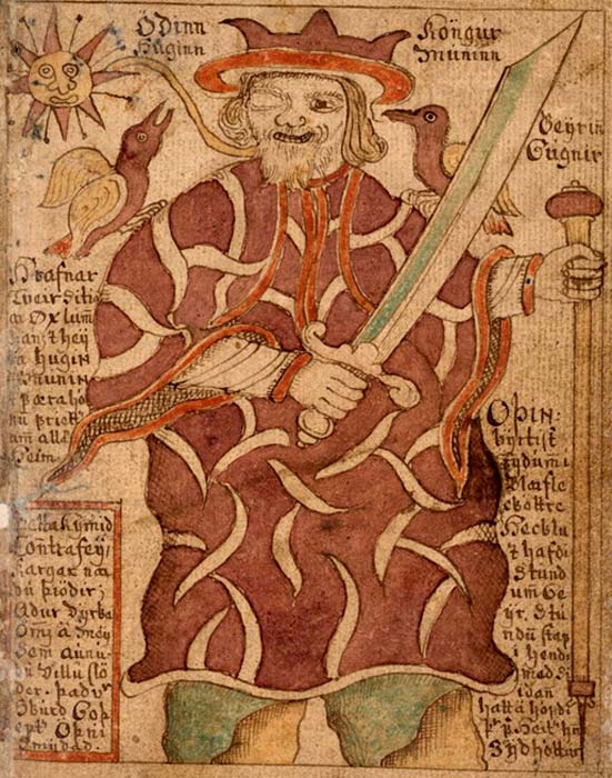 The one-eyed Odin with his ravens Hugin and Munin and his weapons. An illustration from an 18th-century Icelandic manuscript. (Public Domain)
