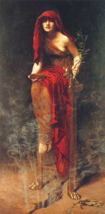 The oracle was probably high on noxious fumes when she had her visions. “Priestess of Delphi”, by John Collier