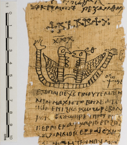 The papyrus contains crude sketching and fragmented Coptic text. (Effy Alexakis, ©Macquarie University)