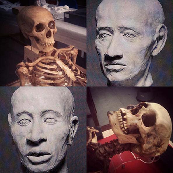 The two skulls and reconstruction of their faces at Manchester Museum 