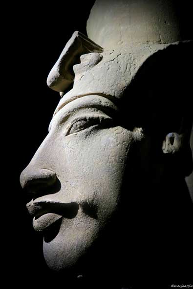 This colossal sandstone sculpture of Pharaoh Akhenaten was discovered – among scores of others – in situ at Karnak Temple; where it was attacked and felled to the ground by furious agents of the Amun priesthood. National Museum of Alexandria.