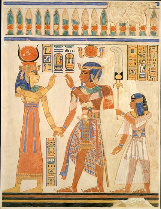 This facsimile copies a scene in the tomb of Prince Amenherkhepeshef (QV55) in the Valley of the Queens. It shows the prince following his father, Ramesses III, who is led by the goddess Hathor. Amenherkhepeshef wears a sidelock of hair, symbolic of youth. The king wears an elaborate garment with a feather pattern and long sashes. Paper, tempera paint, ink. Metropolitan Museum of Art, New York.