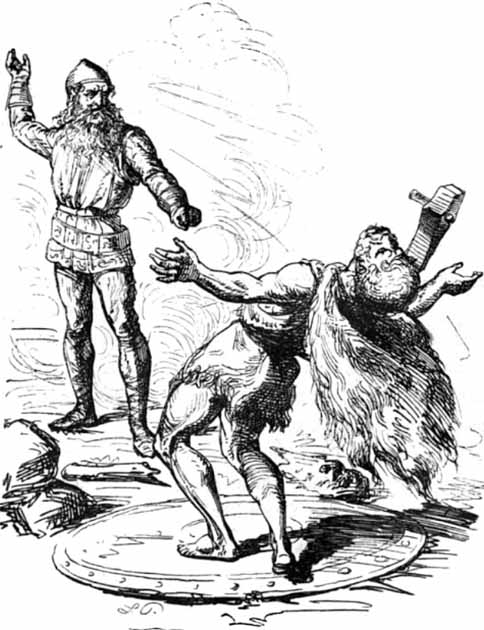 Thor slays the giant Hrungir with his hammer Mjolnir. (Public Domain)