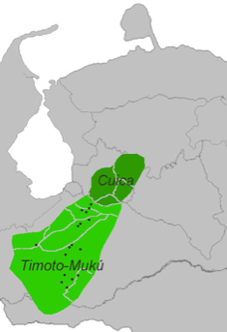 Timoto-Cuica languages: Cuica dialects = dark green, Timoto-Mukú = light green, black spots are toponyms in Mukú. (Davius / Public Domain)