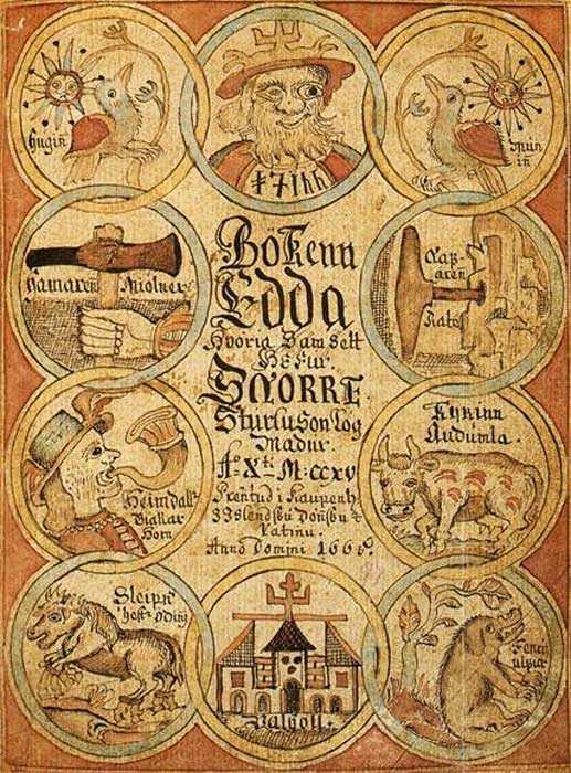 Portada de un manuscrito tardío de Prose Edda. Snorre Edda es un libro de texto de poesía atribuido a Snorre Sturlason, escrito alrededor del año 1220, que presenta a Odin, Heimdallr, Sleipnir y otros personajes de la mitología nórdica. (Dominio publico)
