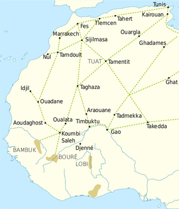 Trade routes of the Western Sahara 1000-1500. Goldfields are indicated by light brown shading. (Public Domain)