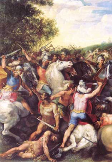 Tullus Hostilius defeating the army of Veii and Fidenae, modern fresco.